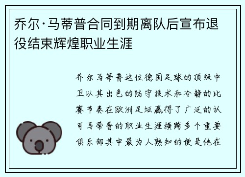乔尔·马蒂普合同到期离队后宣布退役结束辉煌职业生涯