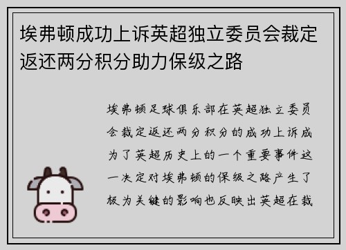 埃弗顿成功上诉英超独立委员会裁定返还两分积分助力保级之路