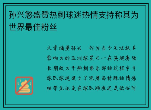 孙兴慜盛赞热刺球迷热情支持称其为世界最佳粉丝 孙兴慜盛赞热刺球迷热情支持称其为世界最佳粉丝